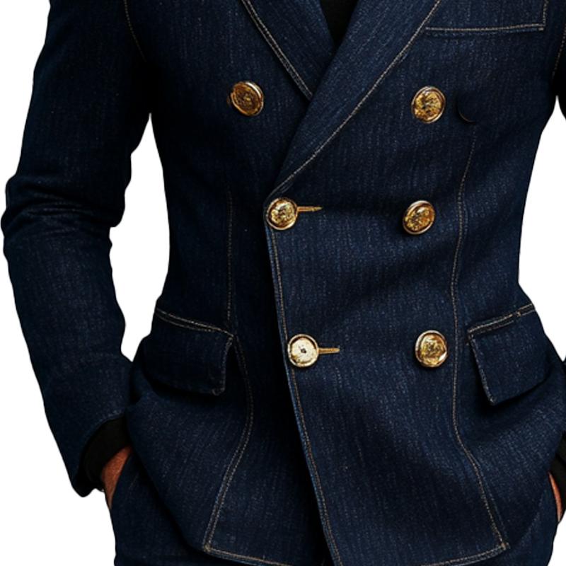 Men's Fashionable Denim Double Breasted Blazer 9261079593144