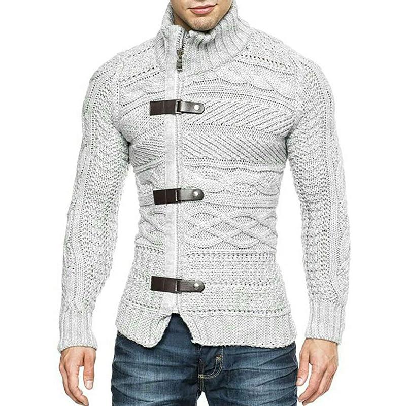Men's Leather Button Turtleneck Long Sleeve Knitwear Jacket 9262176960696