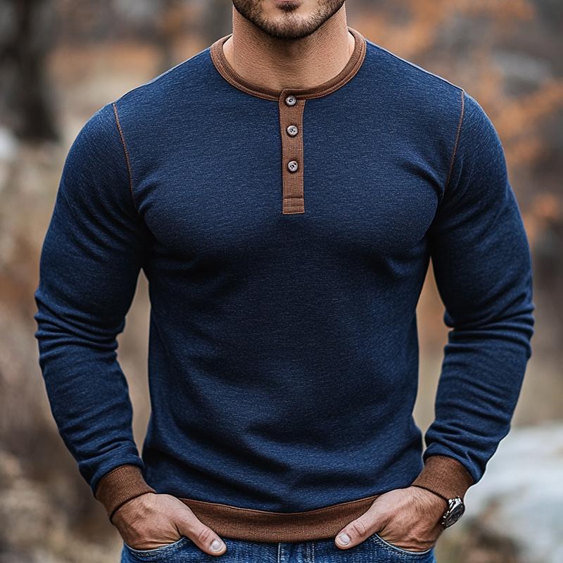 Men's Retro Casual Colorblock Henley Collar Long Sleeve T-Shirt 9873517609144