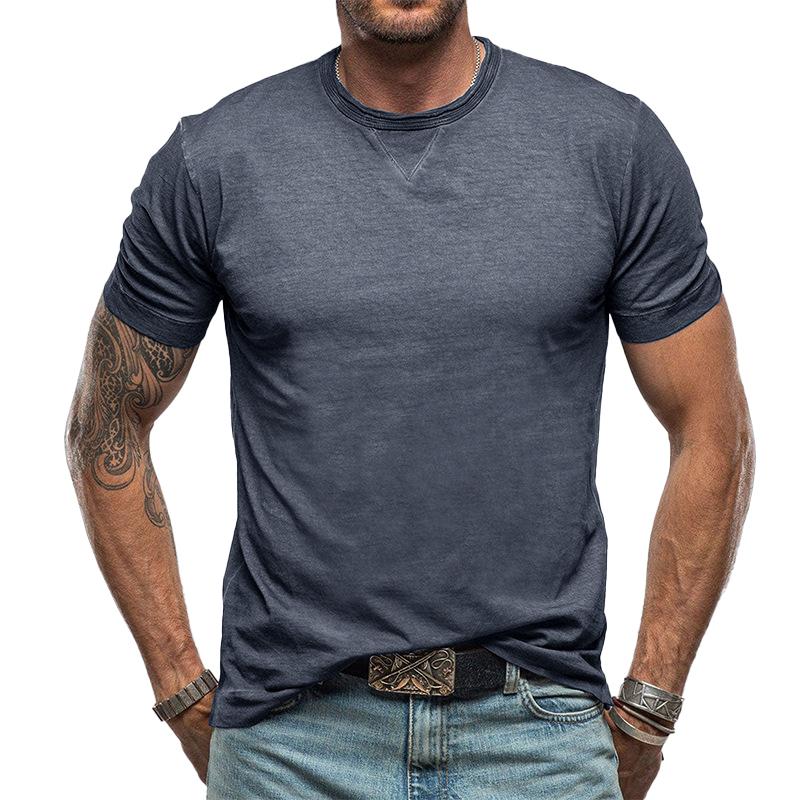 Men's Casual Cotton Solid Color Round Neck Short Sleeve T-Shirt 9261125501112