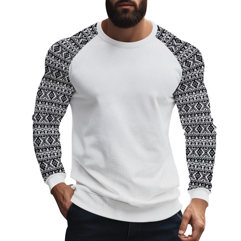 Men's Casual Waffle Print Patchwork Slim Fit Long Sleeve T-shirt 9261143589048