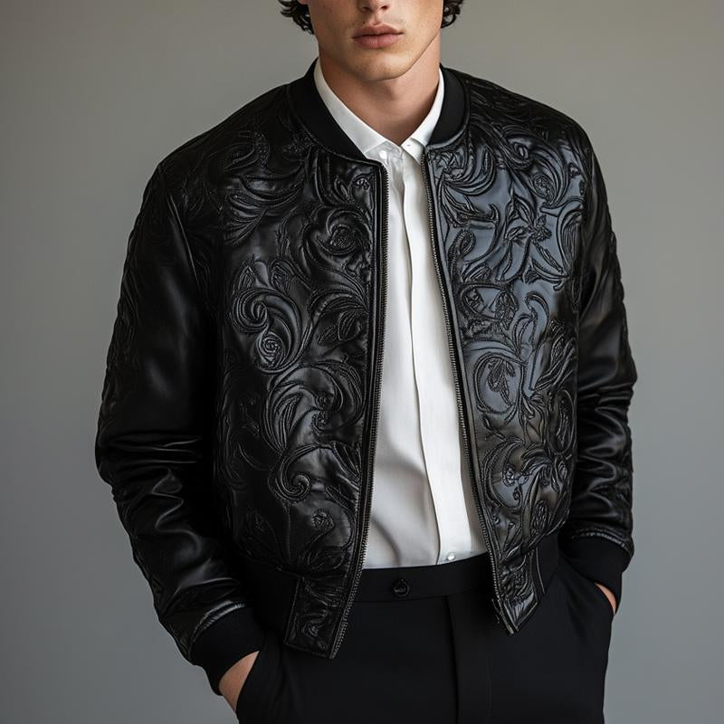 Men's Black Embossed Zip-Up Leather Jacket 9273155715256