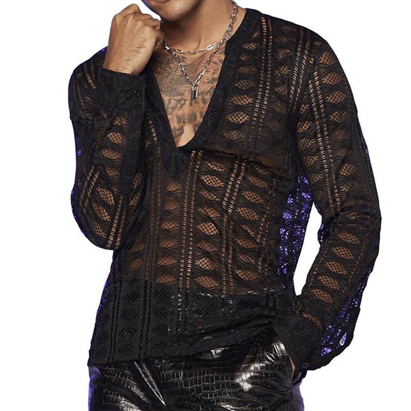 Men's Sexy Deep V-Neck Mesh Hollow Slim Long Sleeve T-shirt 9261137952952