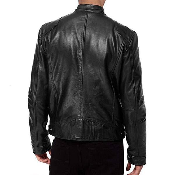 Men's Stand Collar Slim Fit Zip Pocket Leather Jacket 9261077856440