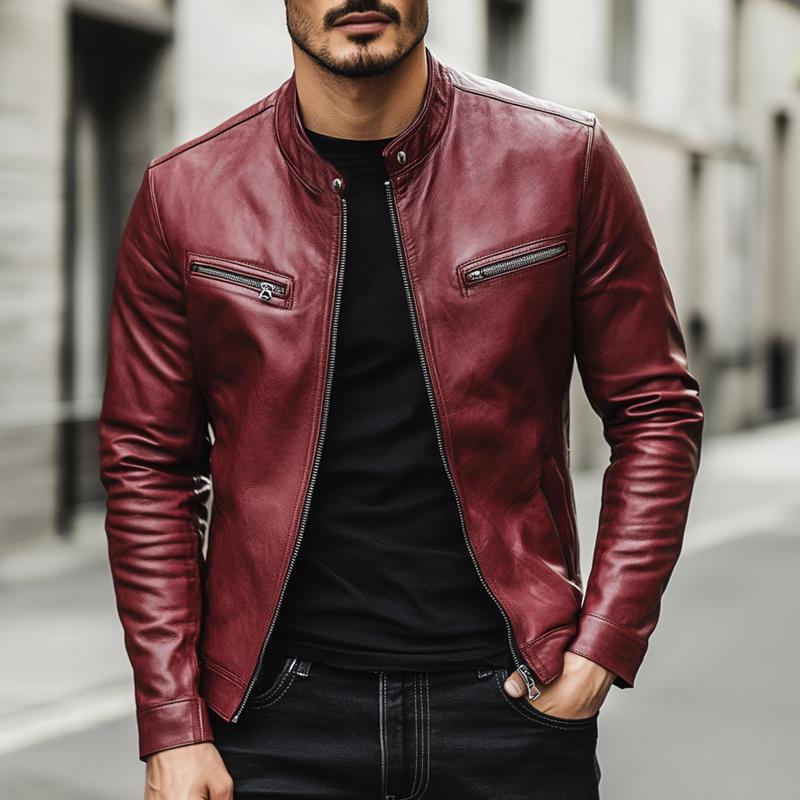 Men's Vintage Stand Collar Zipper Leather Jacket 9873140089016