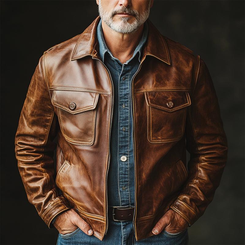 Men's Vintage Distressed Zipper Leather Jacket 9272270258360