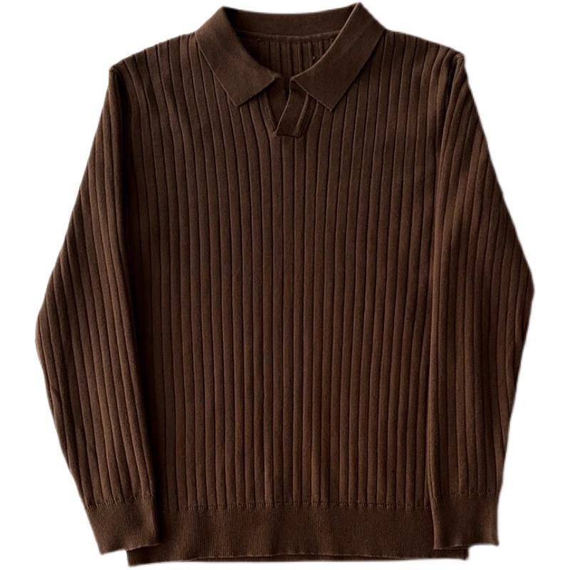 Men's Retro Classic Casual Solid Color Threaded Elastic Lapel Slim Fit Sweater 9262181384376