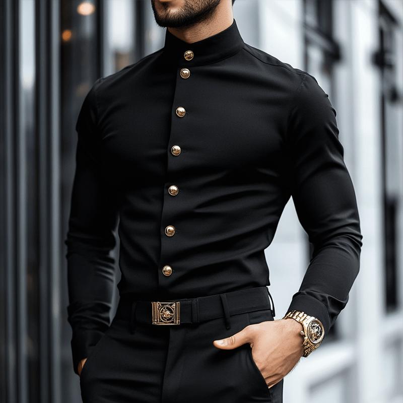 Men's Retro Casual Solid Color Stand Collar Long Sleeve Shirt 9885838704824