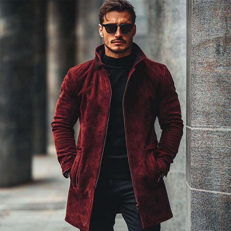 Men's Vintage Classic Stand Collar Thigh-Length Pocket Zipper Suede Coat 9261109739704