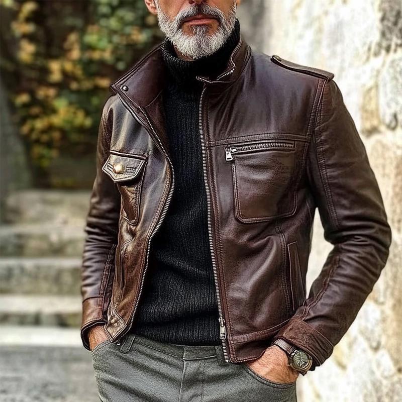 Men's Vintage Lapel Multi-Pocket Leather Jacket 9260833702072