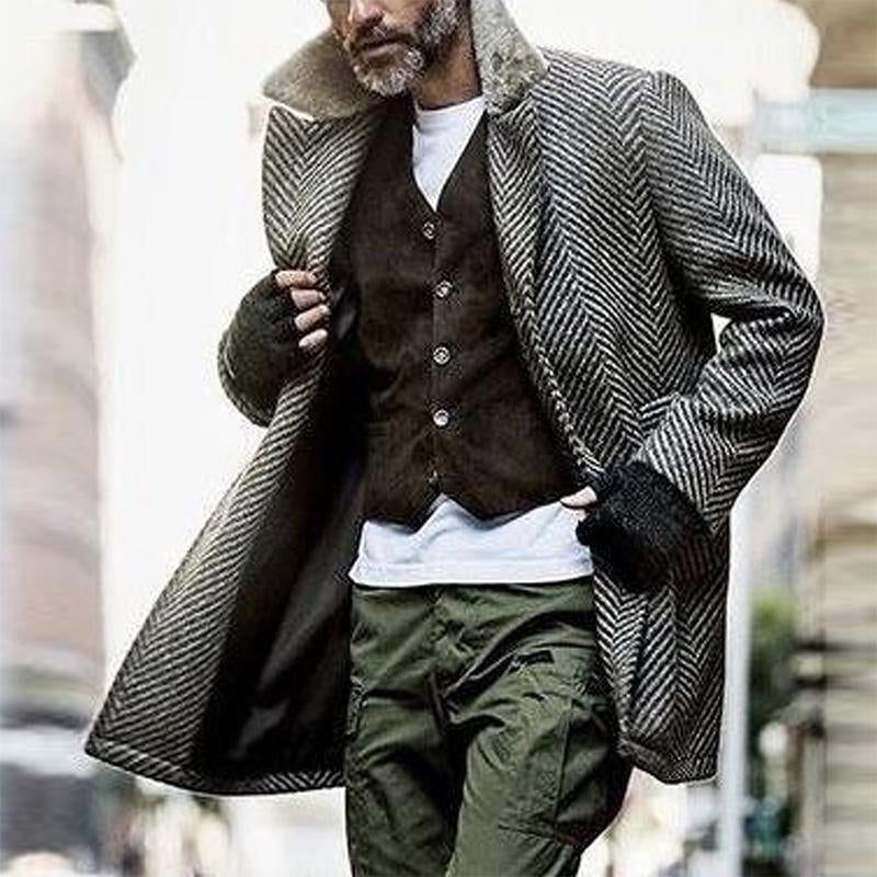 Men's Vintage Herringbone Fabric Spliced Fur Collar Coat 9261100695736