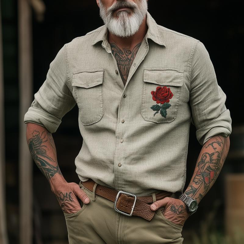 Men's Retro Casual Western Cowboy Embroidered Long Sleeve Shirt 9261782958264