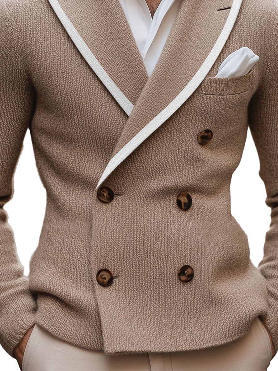 Men's Lapel Contrast Edge Double Breasted Elegant Knitted Blazer 9888736379064