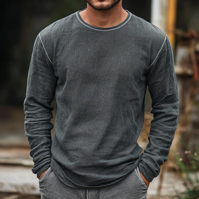 Men's Retro Casual Linen Round Neck Long Sleeve T-Shirt 9887382634680