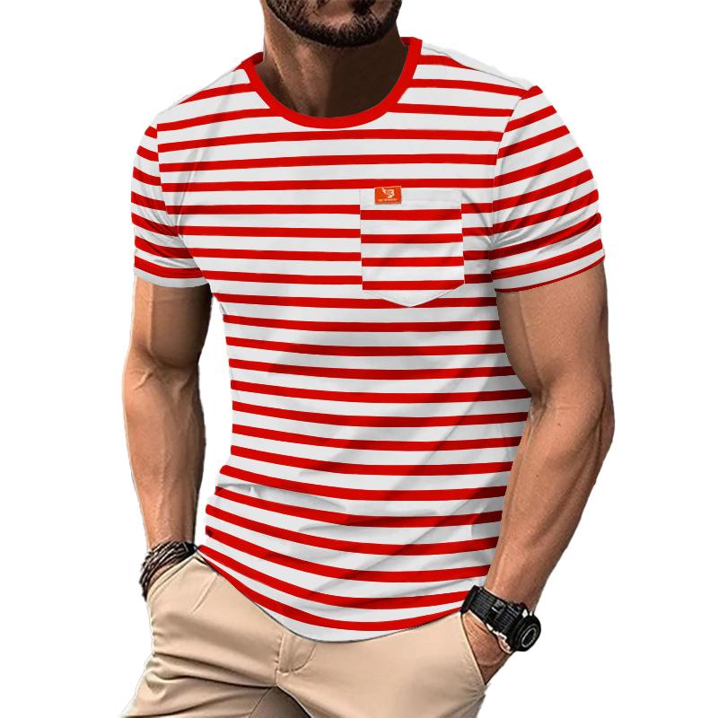 Men's Retro Striped Chest Pocket Short Sleeved T-Shirt 9261135462584