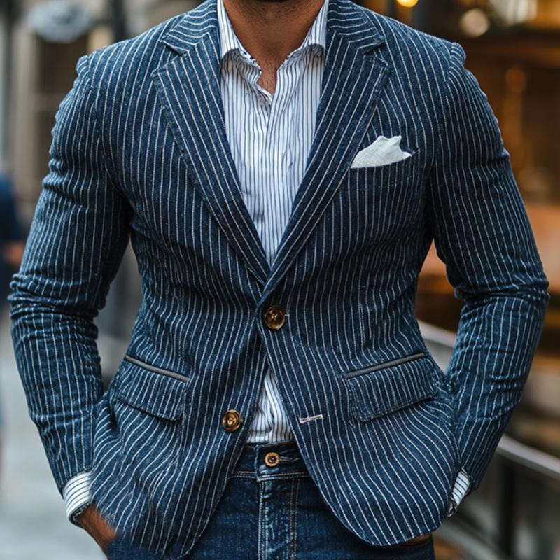 Men's Dark Blue Vertical Striped Blazer 9873521574072