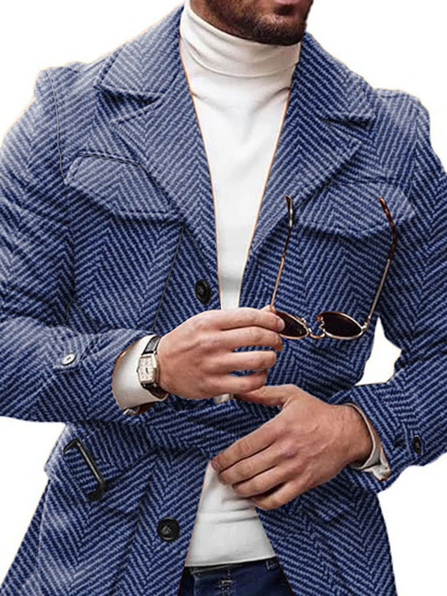 Men's Vintage 4-Pocket Lapel Lace-Up Casual Herringbone Woolen Coat 9888735166648
