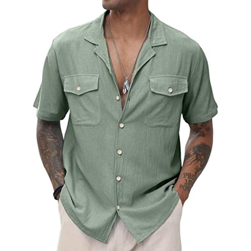 Men's Casual Solid Color Breathable Double Pocket Short Sleeve Shirt 9261825818808