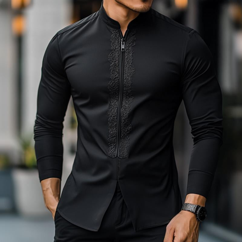Men's Retro Casual Stand Collar Zipper Long Sleeve Shirt 9880236130488