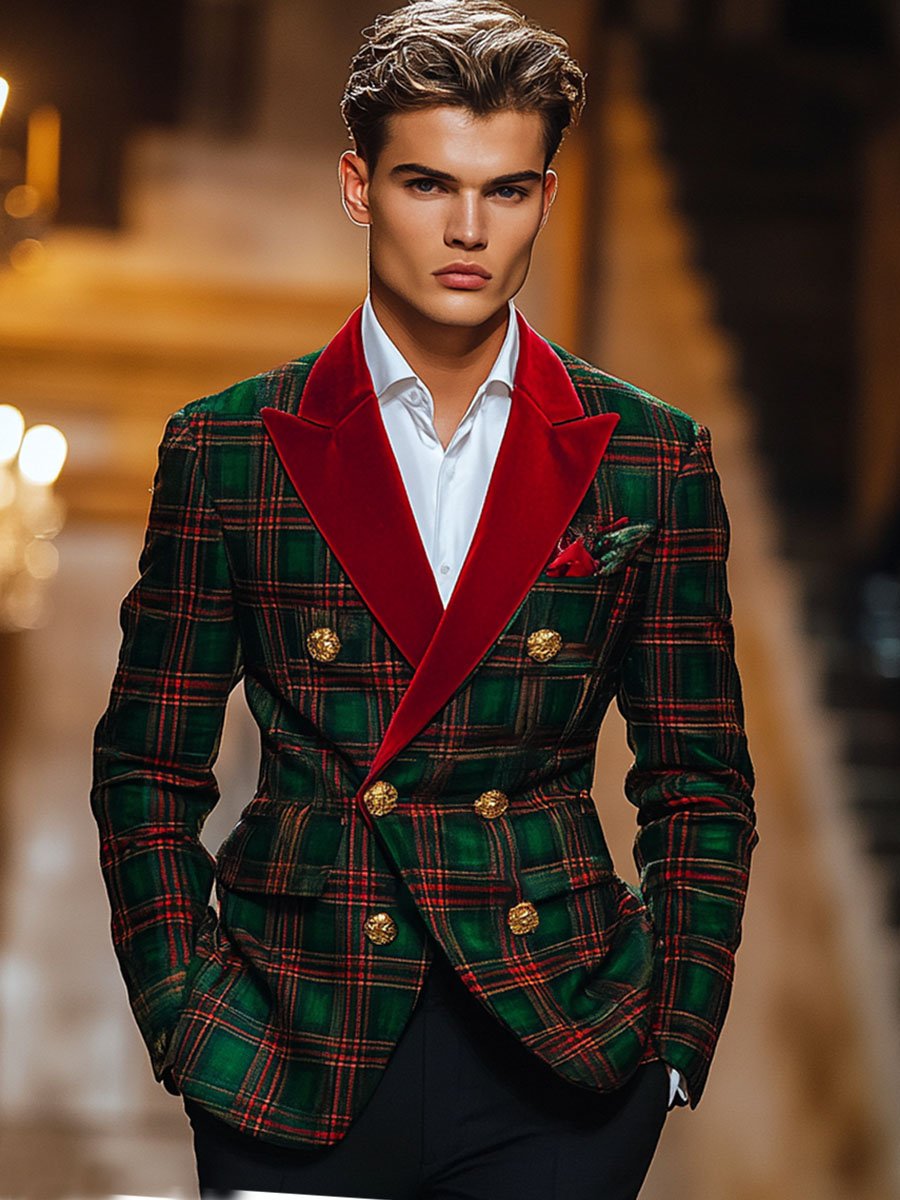 Men's Classic Plaid Lapel Double-Breasted Festive Blazer 9888734380216