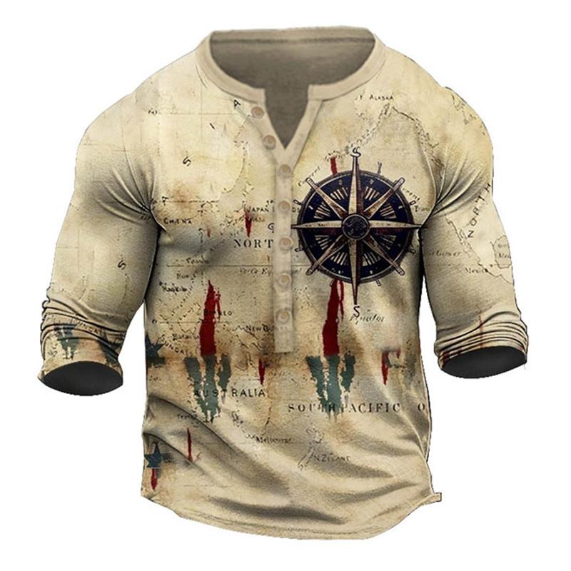 Men's Vintage Print Casual Long Sleeve Henley T-shirt 9261140541624