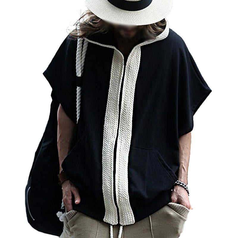 Men's Loose Color Block Hooded Short Sleeve Sweatshirt Jacket 9261079494840
