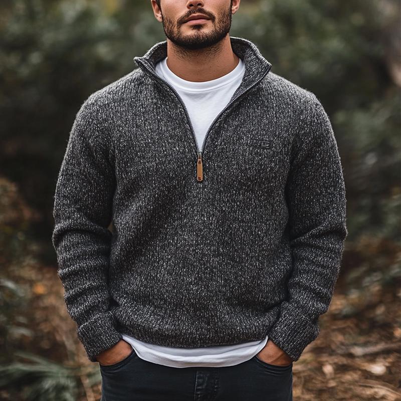 Men's Dark Gray Collar Half-Zip Knitted Sweater 9271924031672