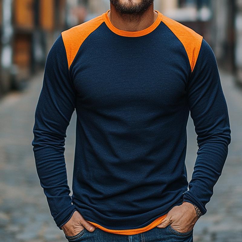 Men's Retro Casual Colorblock Round Neck Long Sleeve T-Shirt 9267507986616