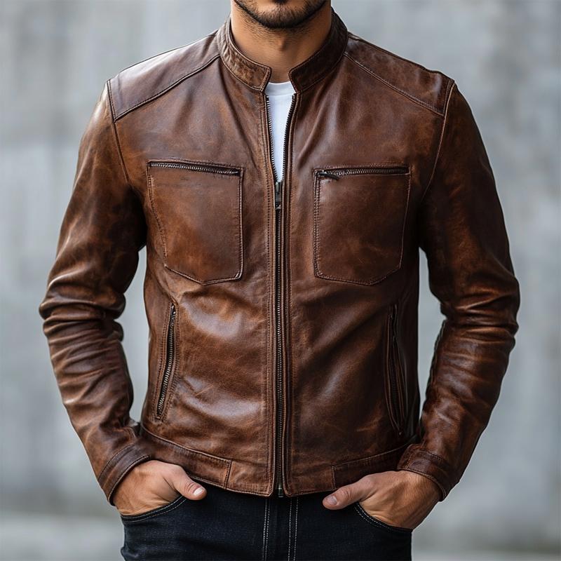 Men's Vintage Red Brown Zipper Leather Jacket 9879141351608
