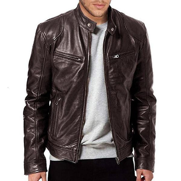 Men's Stand Collar Slim Fit Zip Pocket Leather Jacket 9261077856440