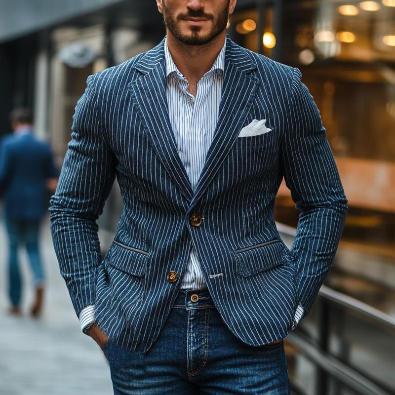 Men's Dark Blue Vertical Striped Blazer 9873521574072