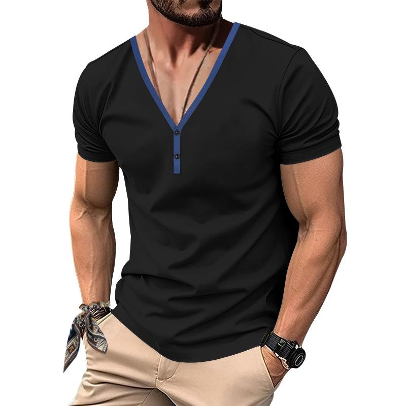 Men's Casual Colorblock V-neck Breathable Slim Short-sleeved T-shirt 9272630345912