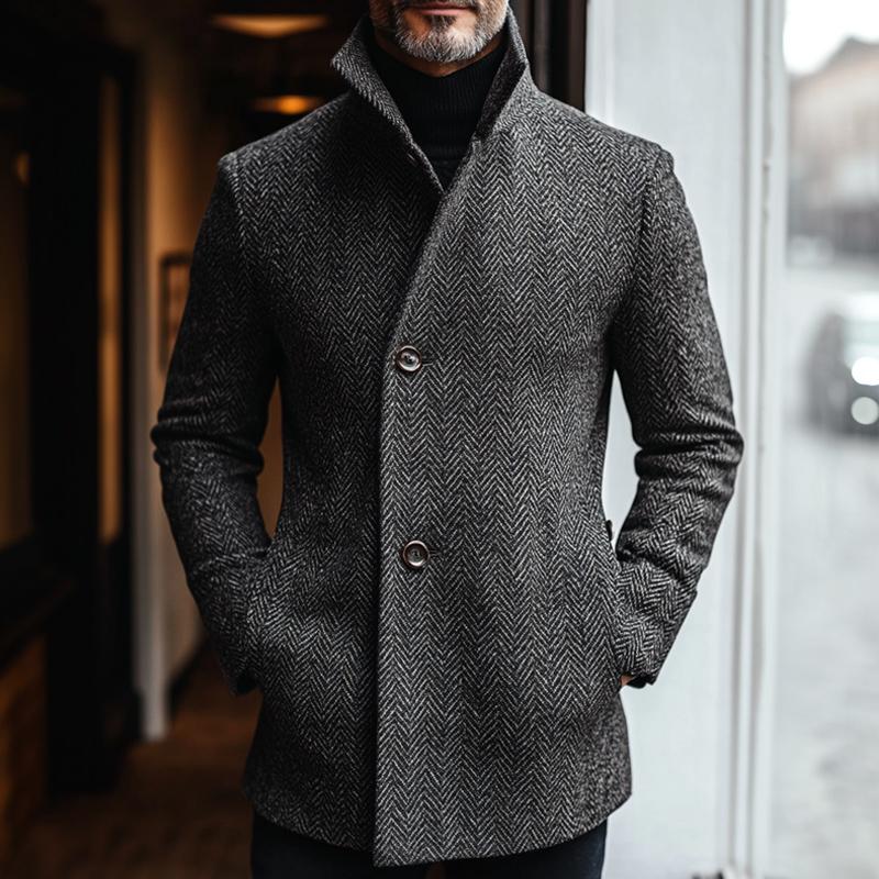 Men's Vintage Dark Grey Herringbone Mid-Length Coat 9885839720632