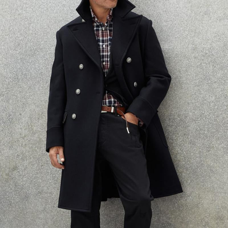 Men's Vintage Lapel Wool Blend Double-Breasted Mid-Length Coat 9261102039224