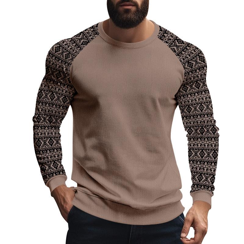 Men's Casual Waffle Print Patchwork Slim Fit Long Sleeve T-shirt 9261143589048