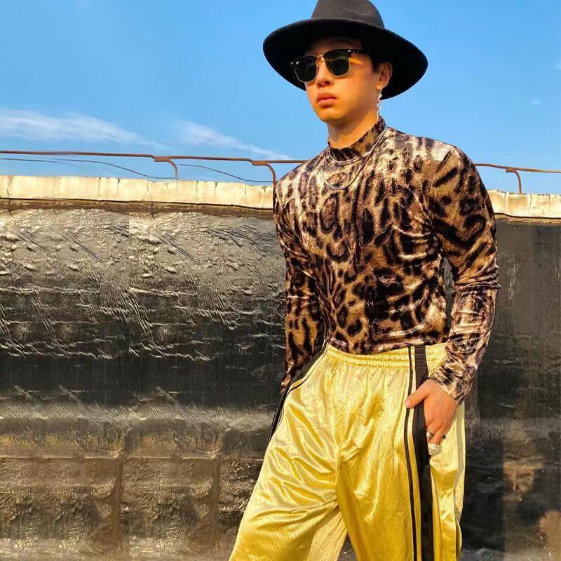 Men's Tight High Collar Leopard Print Long Sleeve T-shirt 9261144178872
