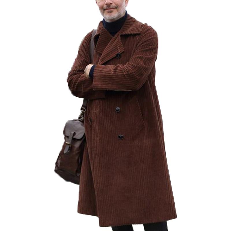 Men's Classic Retro Casual Double-breasted Knee-length Corduroy Coat 9261109084344