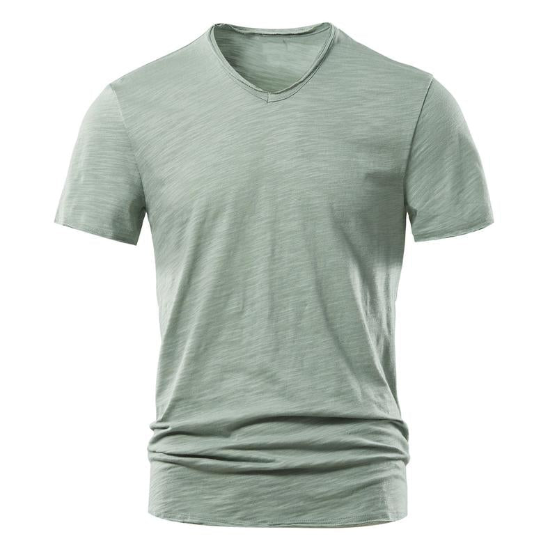 Men's Solid Color Slub Cotton V-neck Short-sleeved T-shirt 9261136904376