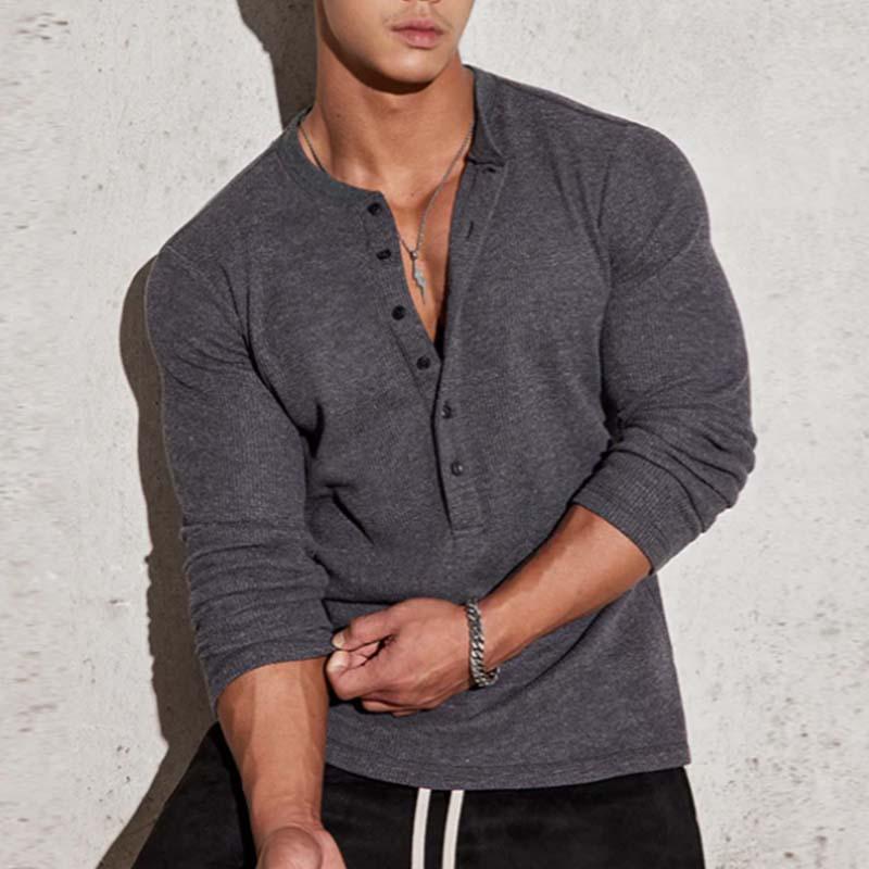 Men's Classic Casual Multi-button V-neck Slim Long-sleeved T-shirt 9261142343864