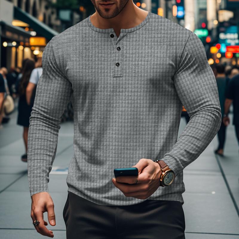 Men's Solid Plaid Button-Down Long Sleeve T-Shirt 9261137920184