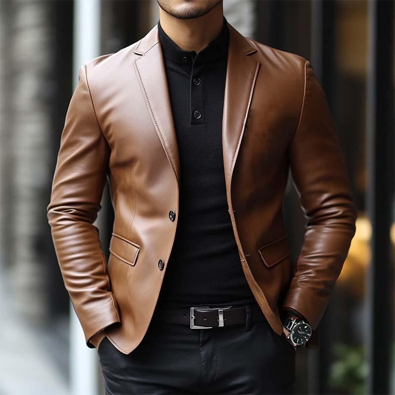 Men's Classic Casual Two Button Slim Fit Leather Blazer 9274168705208