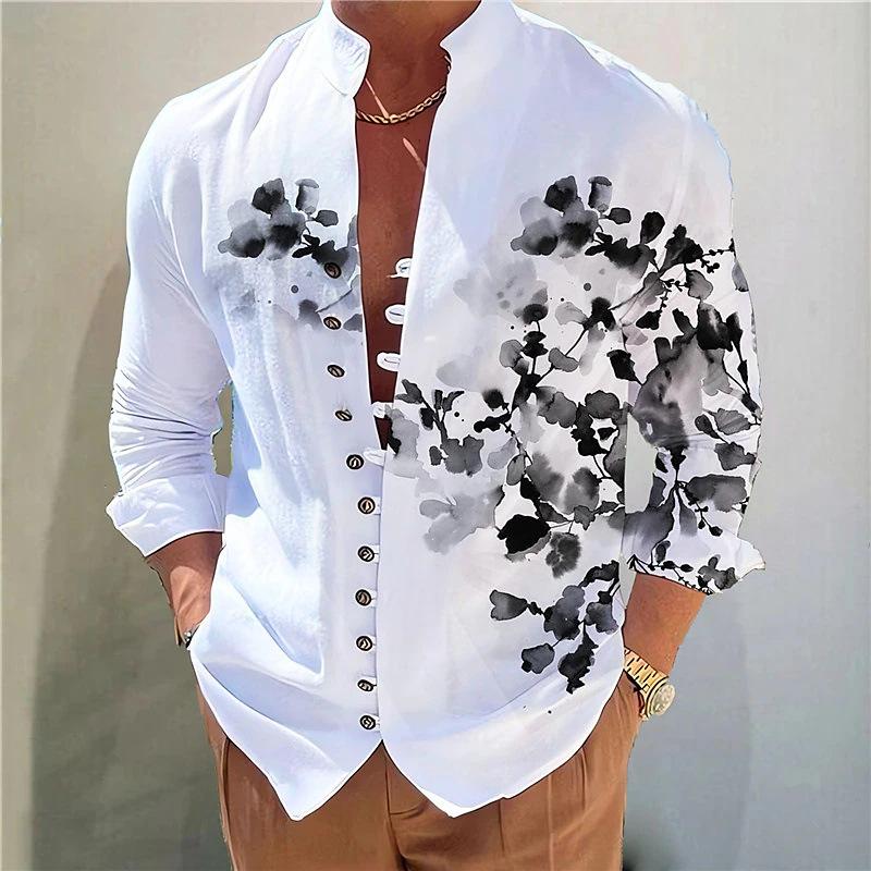 Men's Casual Stand Collar Floral Printed Button Long Sleeve Shirt 9261800128696