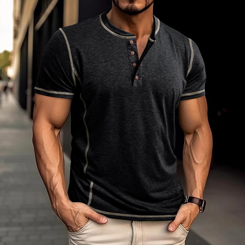 Men's Color Block Henley Neck Short Sleeve T-Shirt 9261132742840