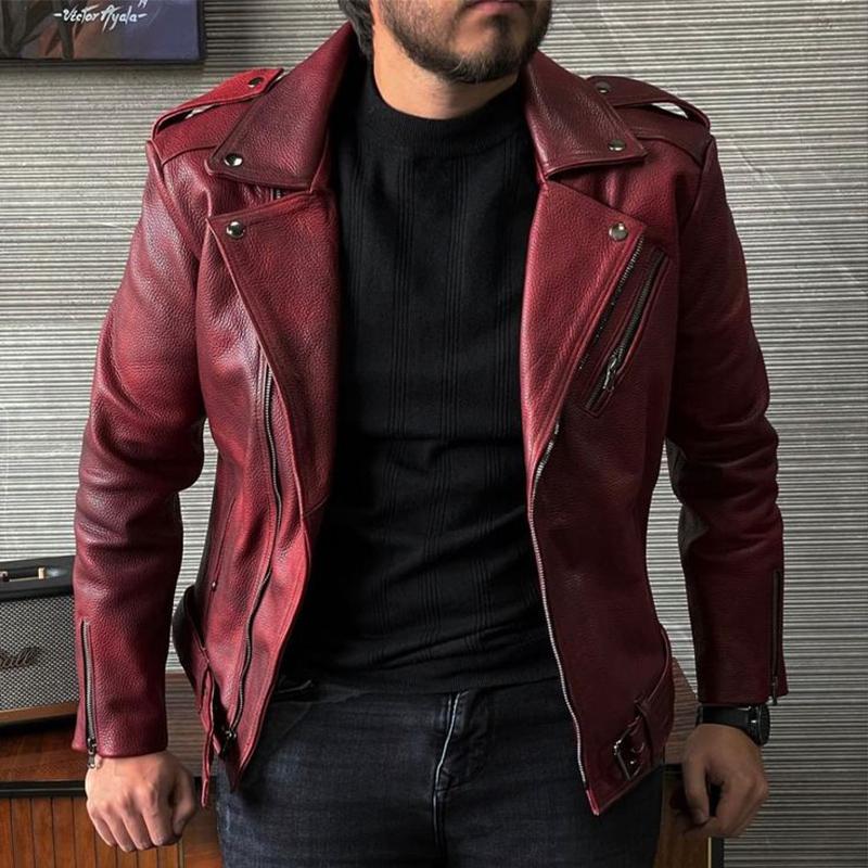 Men's Notched Lapel Zipper Leather Jacket 9873140056248