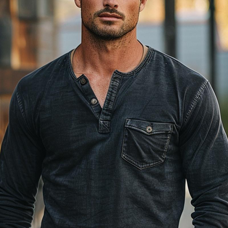 Men's Vintage Distressed Henley Collar Long Sleeve T-Shirt 9877642313912