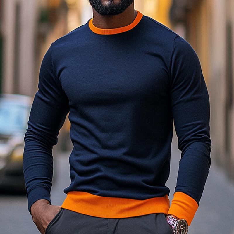 Men's Retro Casual Colorblock Round Neck Long Sleeve T-Shirt 9267507953848