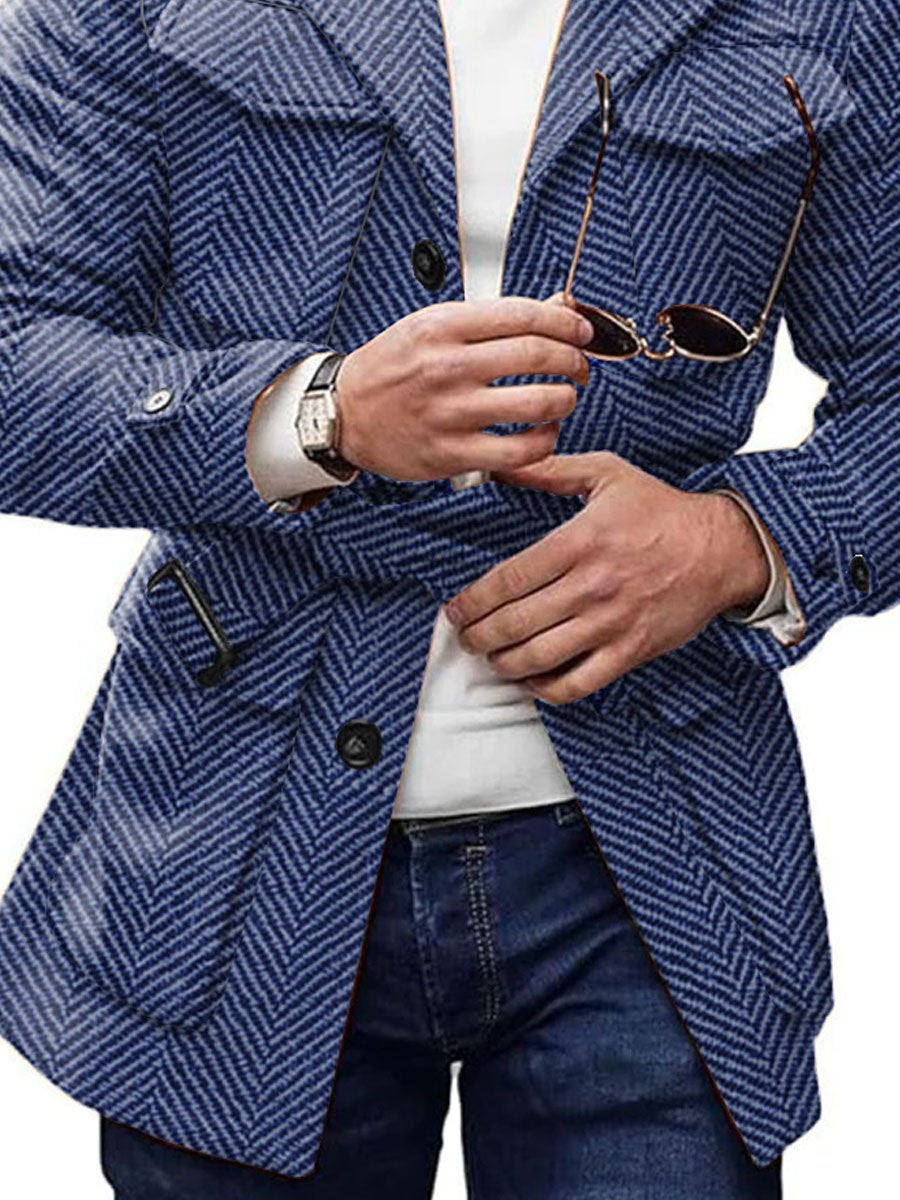Men's Vintage 4-Pocket Lapel Lace-Up Casual Herringbone Woolen Coat 9888735166648