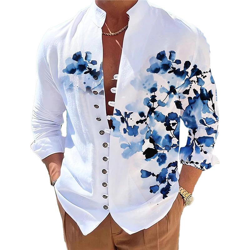 Men's Casual Stand Collar Floral Printed Button Long Sleeve Shirt 9261800128696