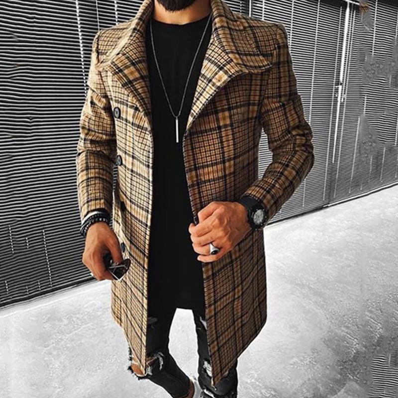 Men's Plaid Print Lapel Single Breasted Coat 9261104955576