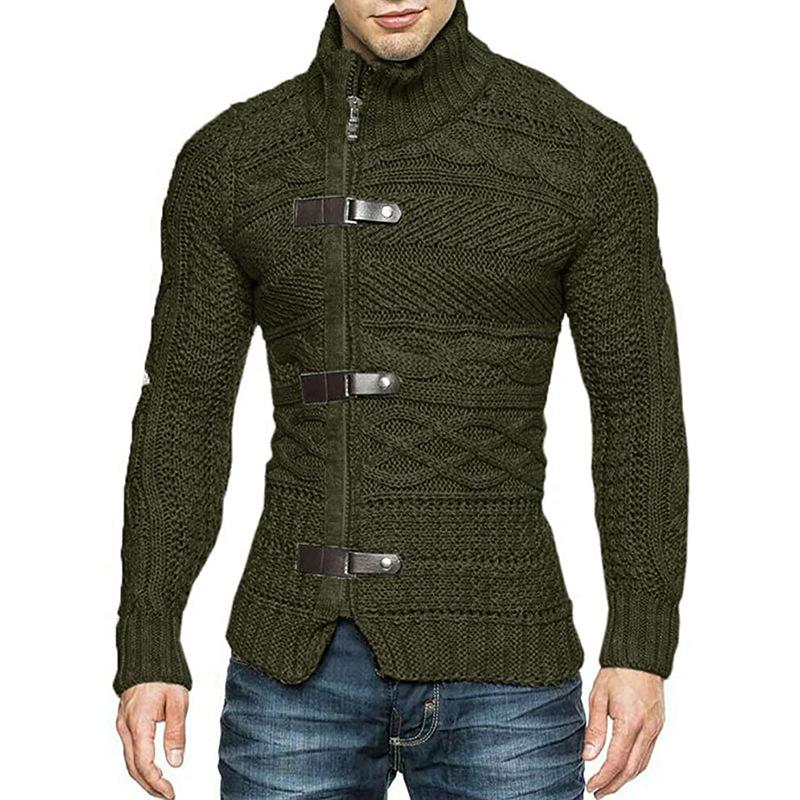 Men's Leather Button Turtleneck Long Sleeve Knitwear Jacket 9262176960696